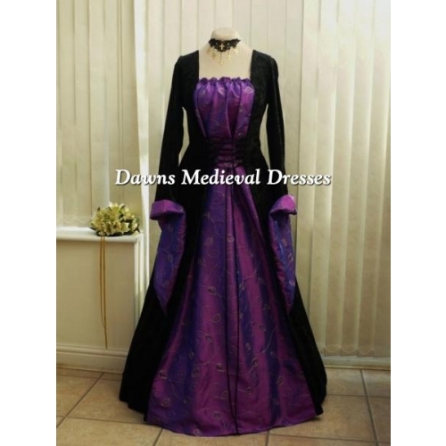 Gothic Medieval Black and Purple Velvet and leaf Taffeta Dress